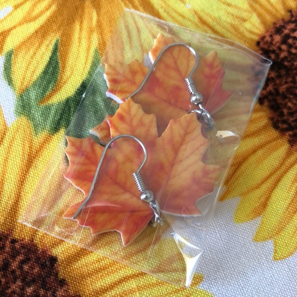 New Orange Maple Leaf Acrylic Hang Earrings - Picture 9 of 13